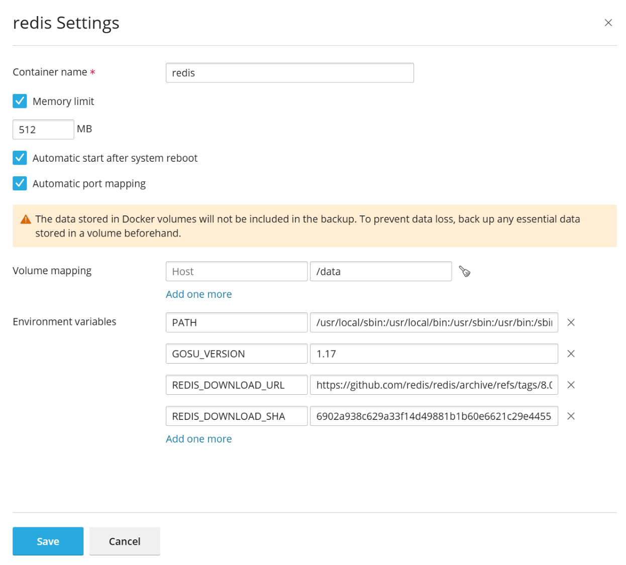 image container settings
